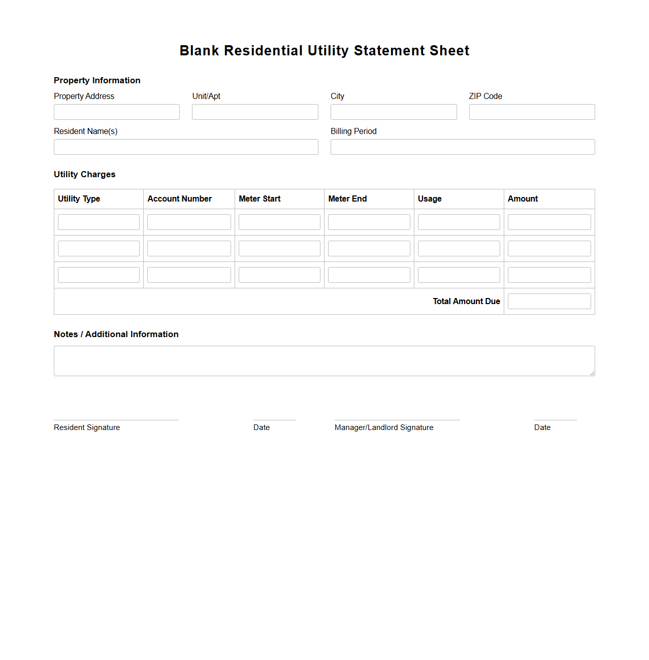 Blank Residential Utility Statement Sheet