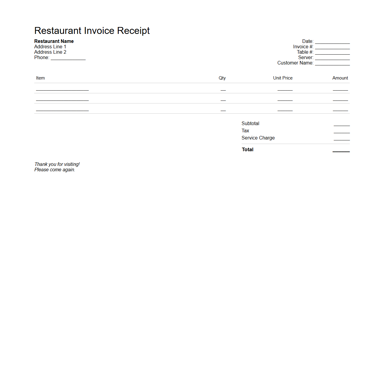 Blank Restaurant Invoice Receipt Template