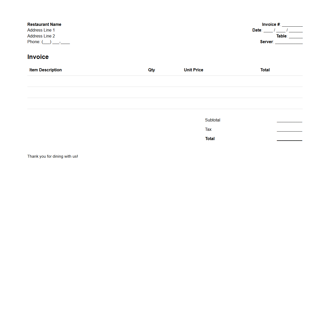 Blank Restaurant Invoice Template for Meals