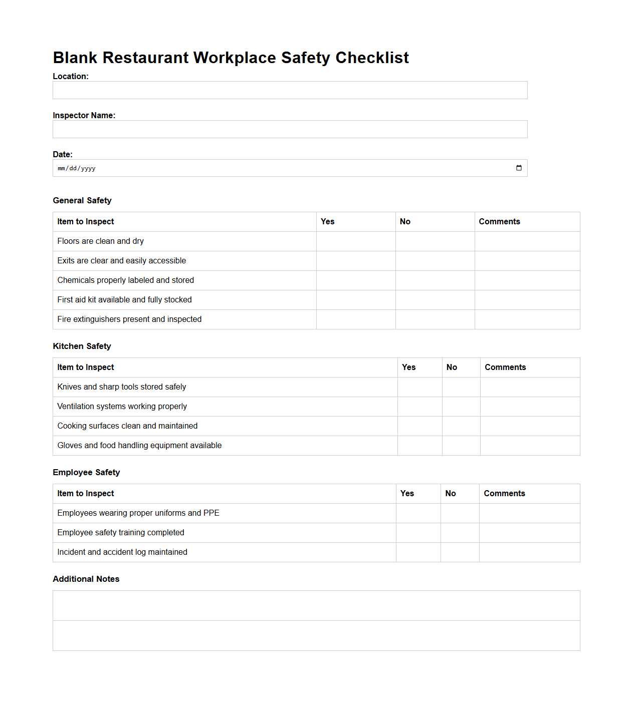 Blank Restaurant Workplace Safety Checklist Template
