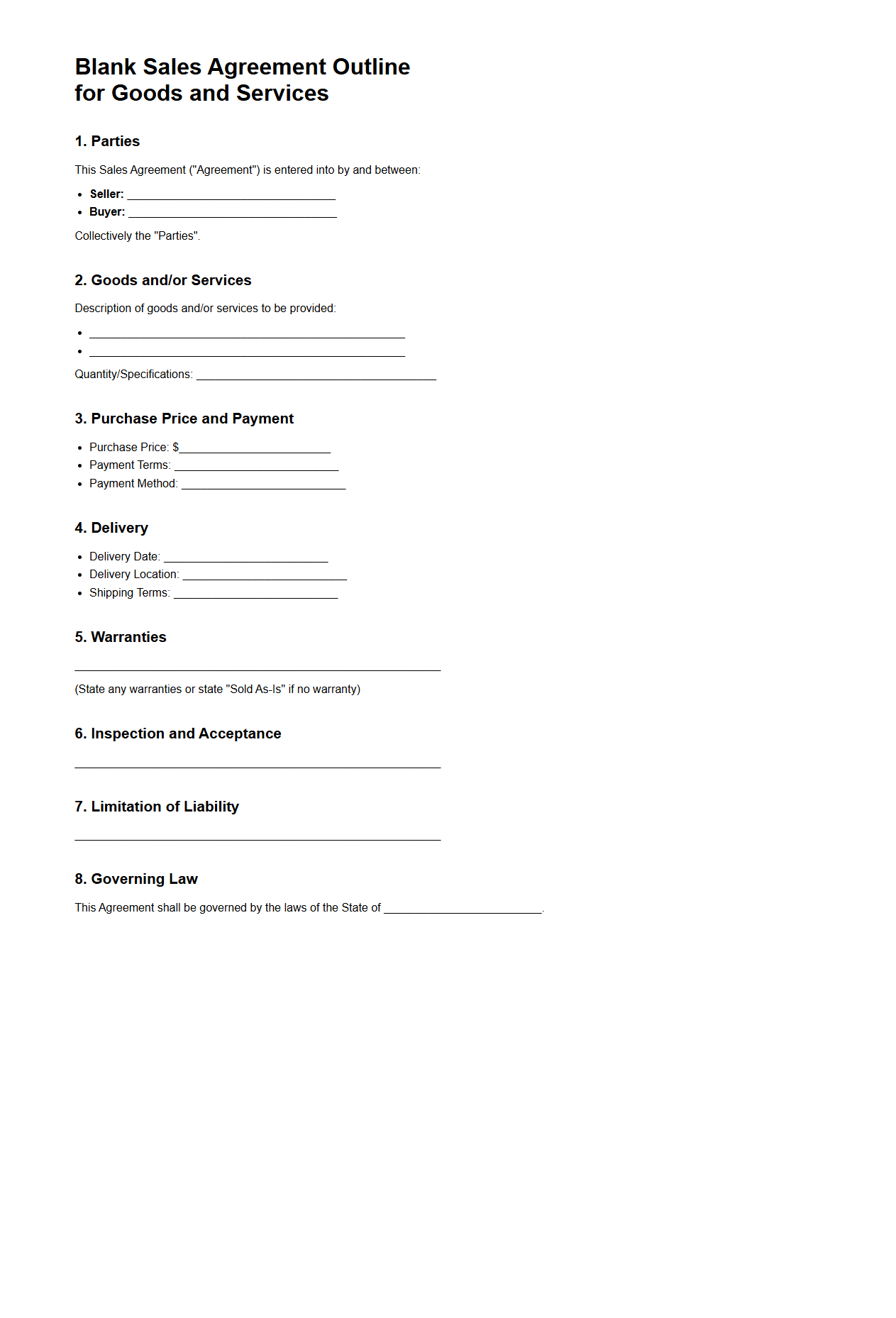 Blank Sales Agreement Outline for Goods and Services