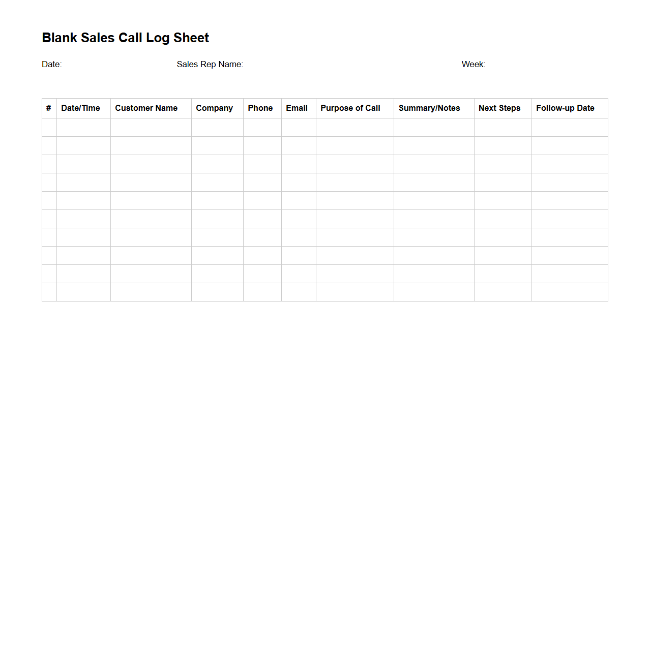 Blank Sales Call Log Sheet Template