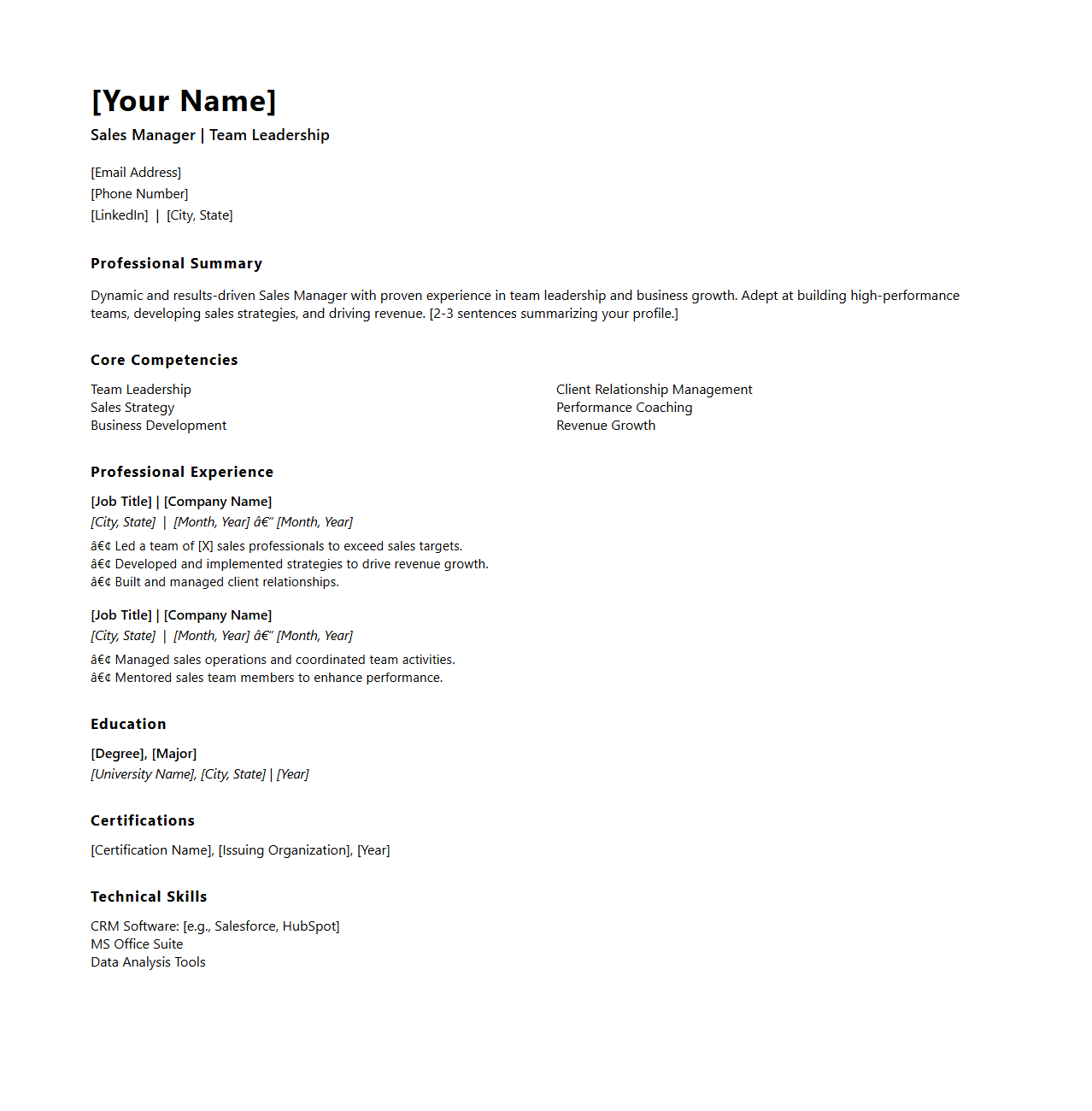 Blank Sales Manager Resume Template for Team Leadership