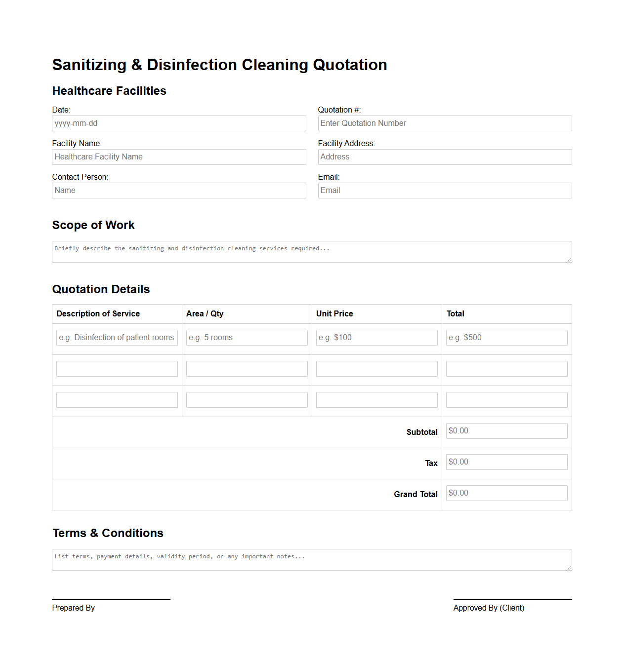 Blank Sanitizing & Disinfection Cleaning Quotation Template for Healthcare Facilities