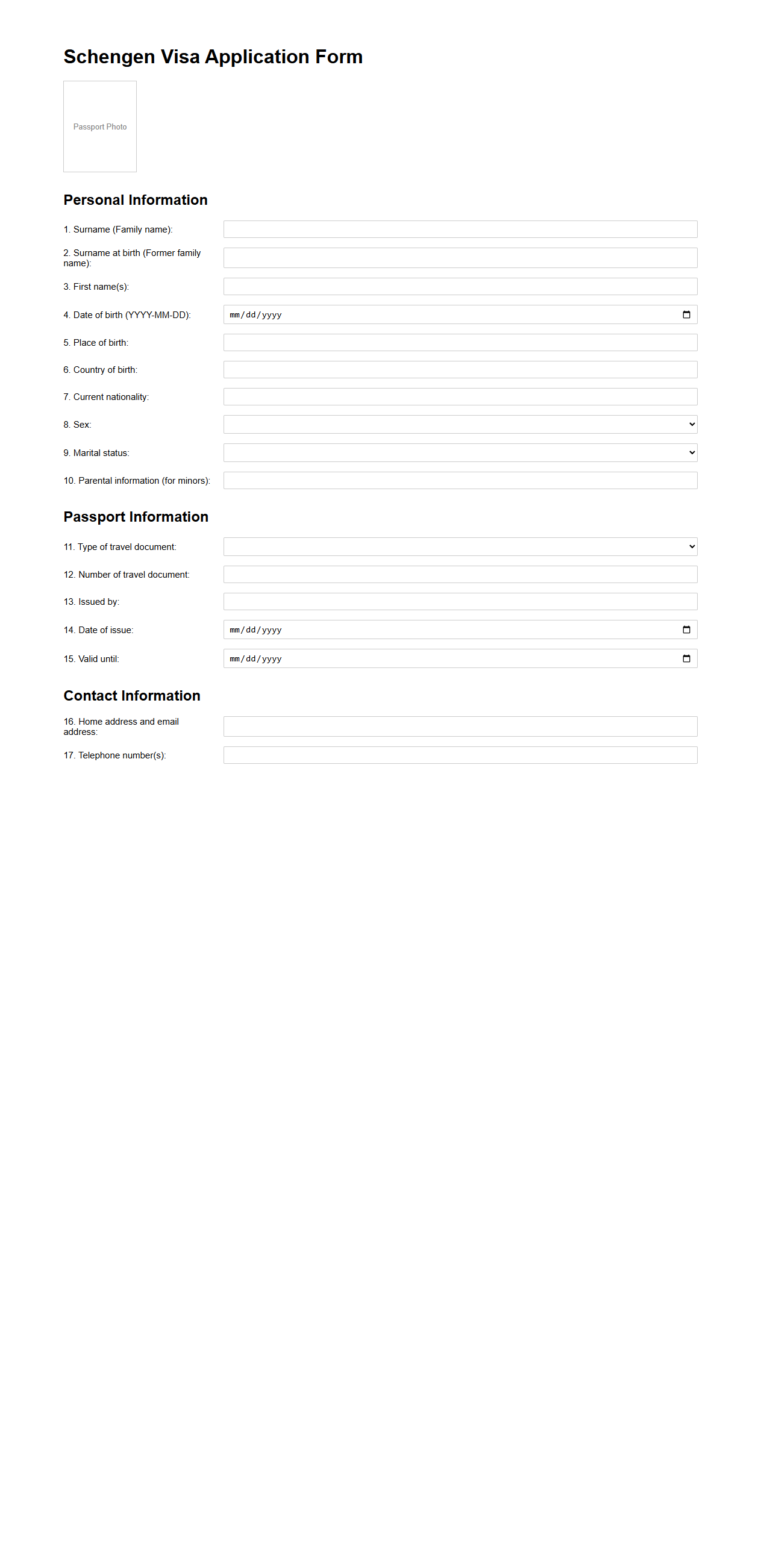 Blank Schengen Visa Application Template for European Travel