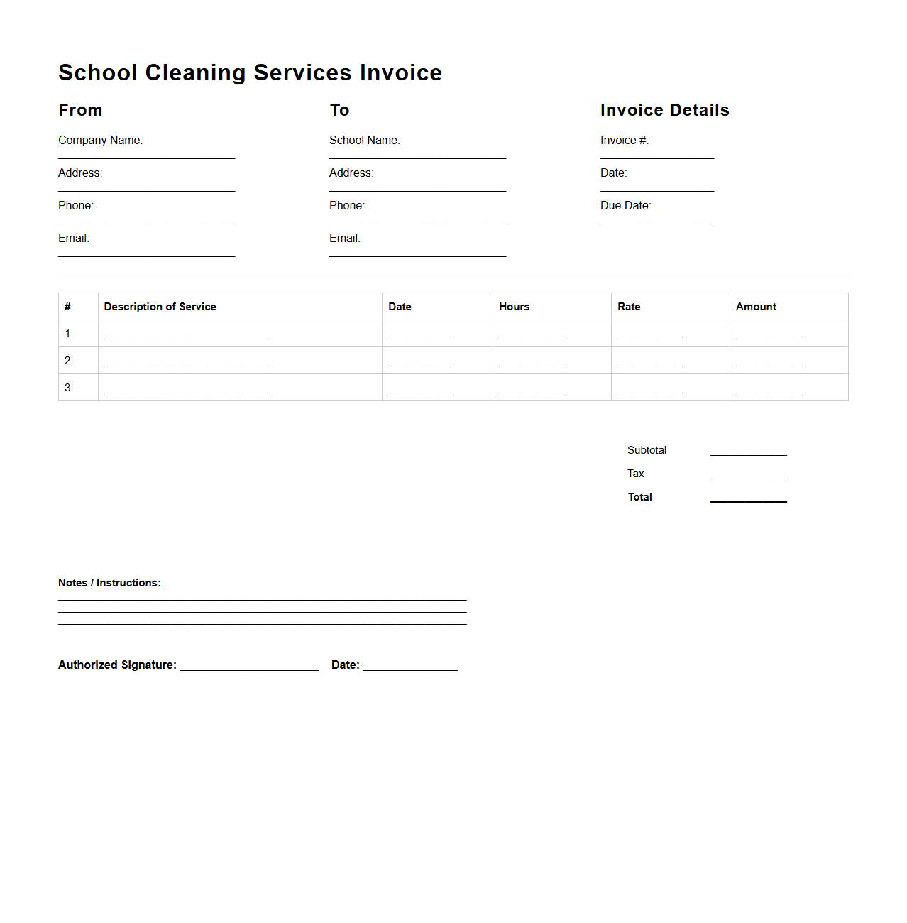 Blank School Cleaning Services Invoice Template