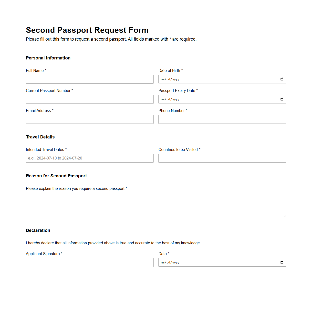 Blank Second Passport Request Form Template