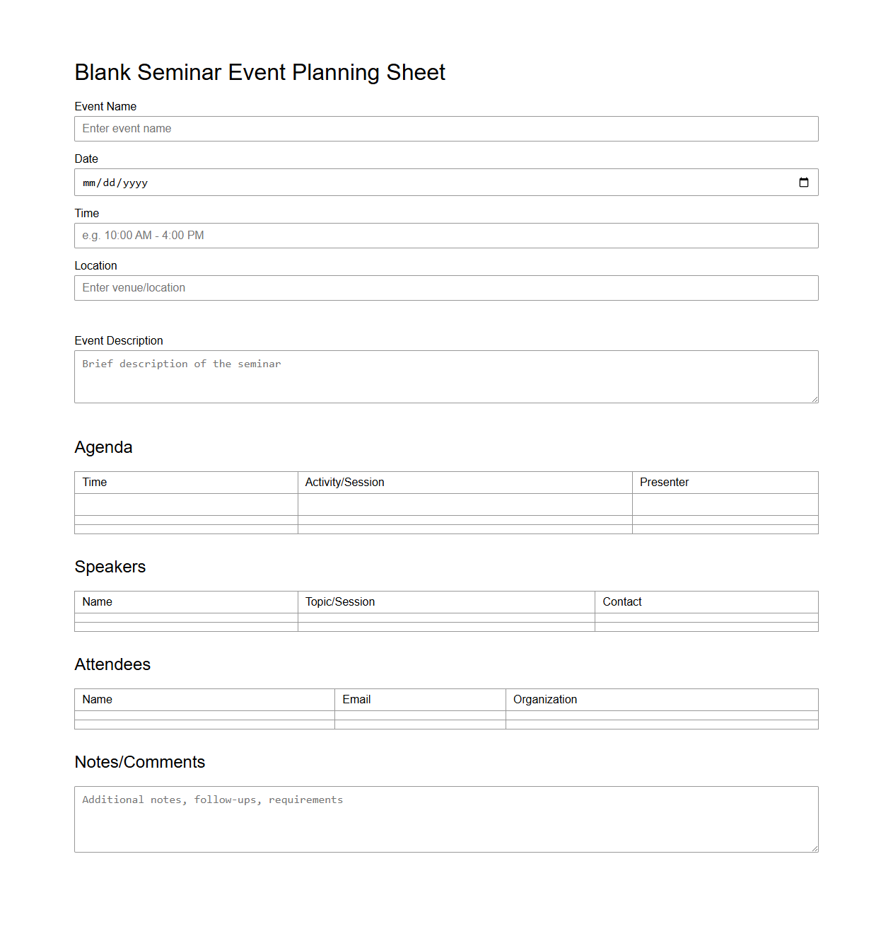 Blank Seminar Event Planning Sheet