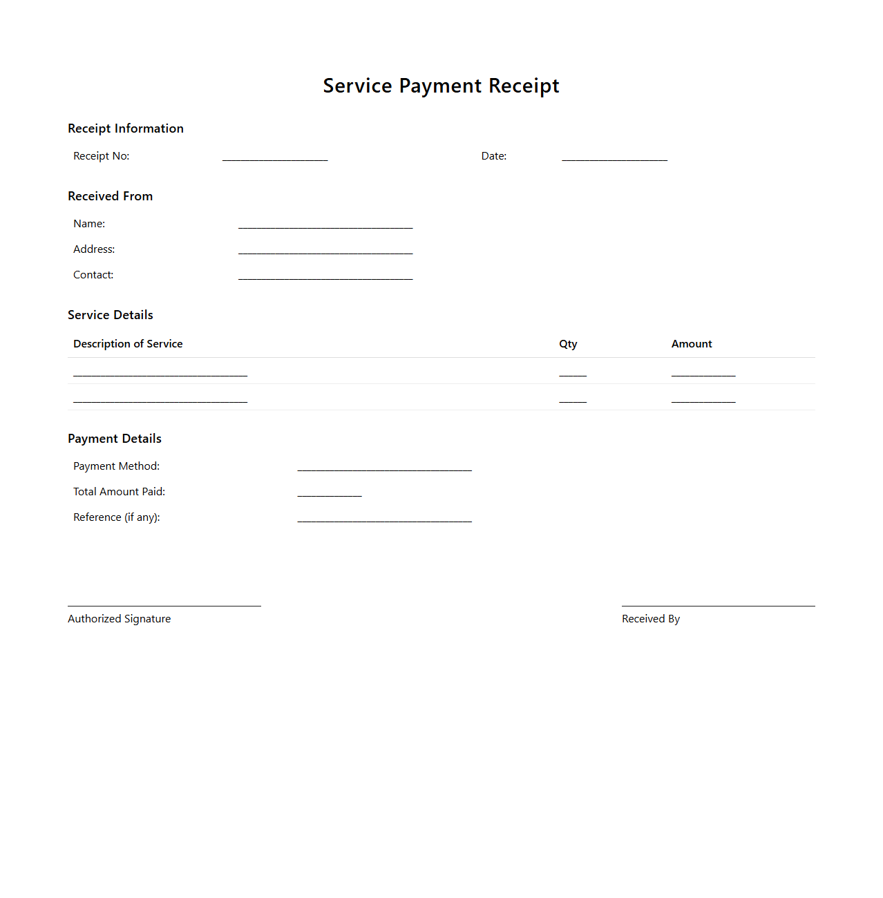 Blank Service Payment Receipt Template