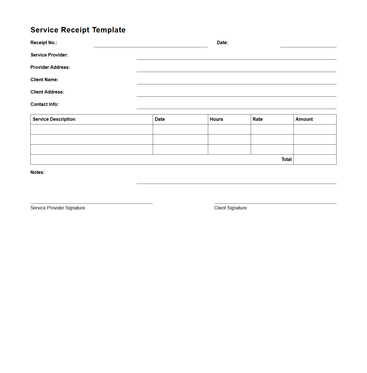 Blank Service Receipt Template for Maintenance Services