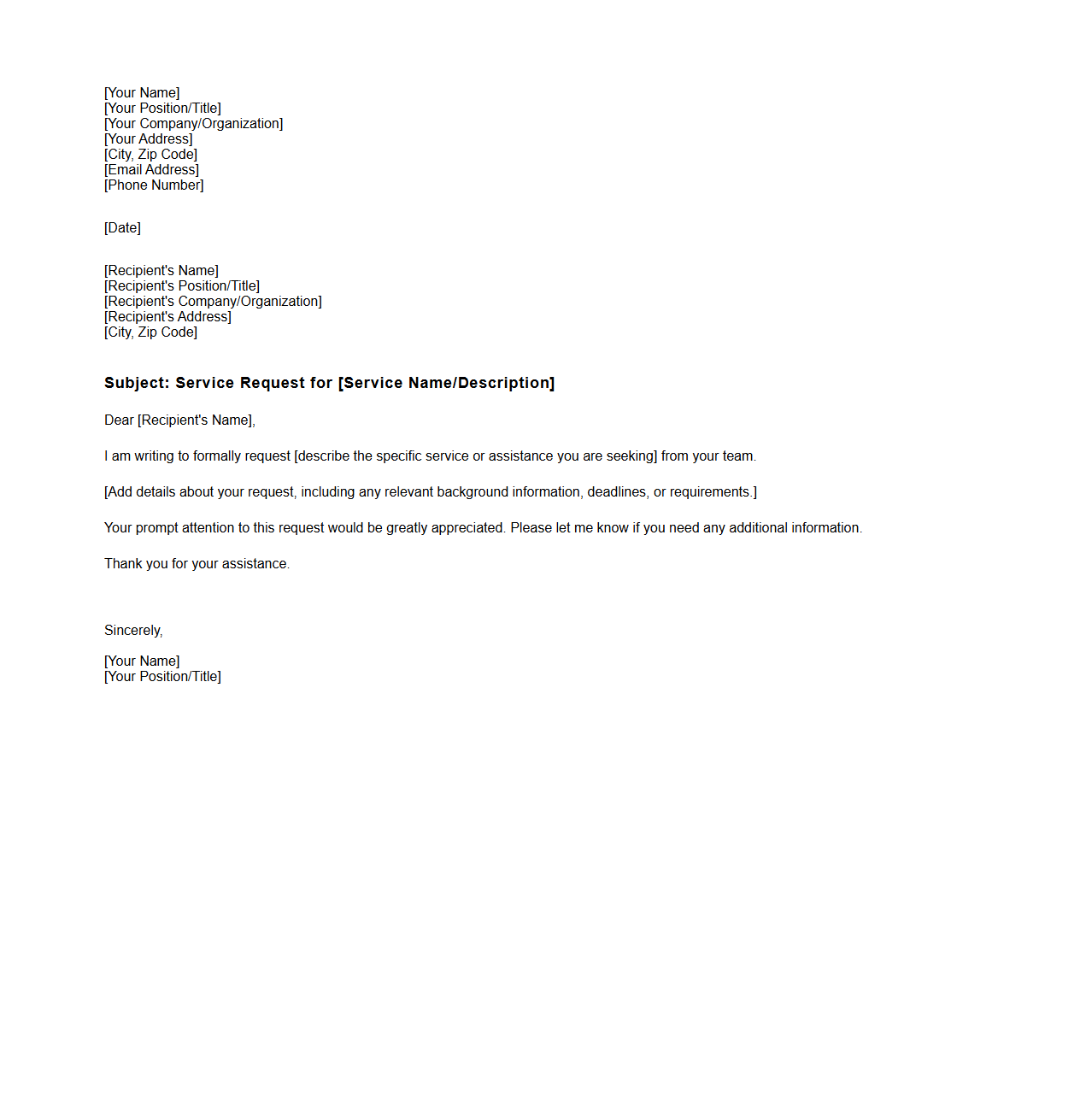 Blank Service Request Letter Template