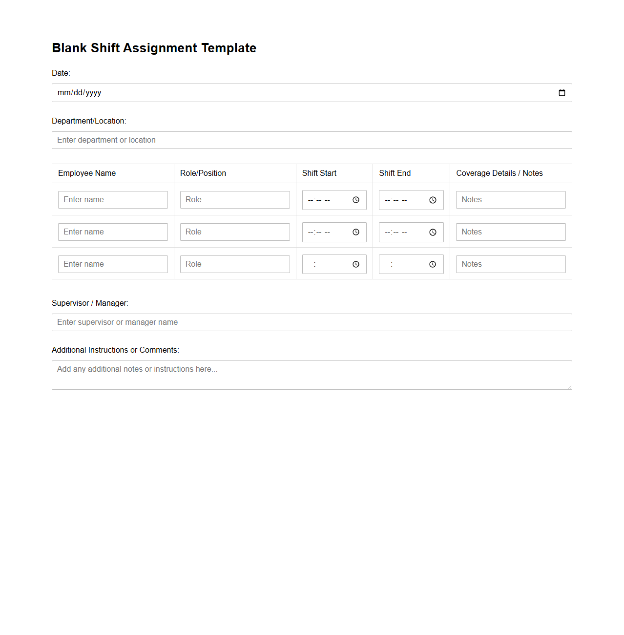 Blank Shift Assignment Template for Employee Coverage