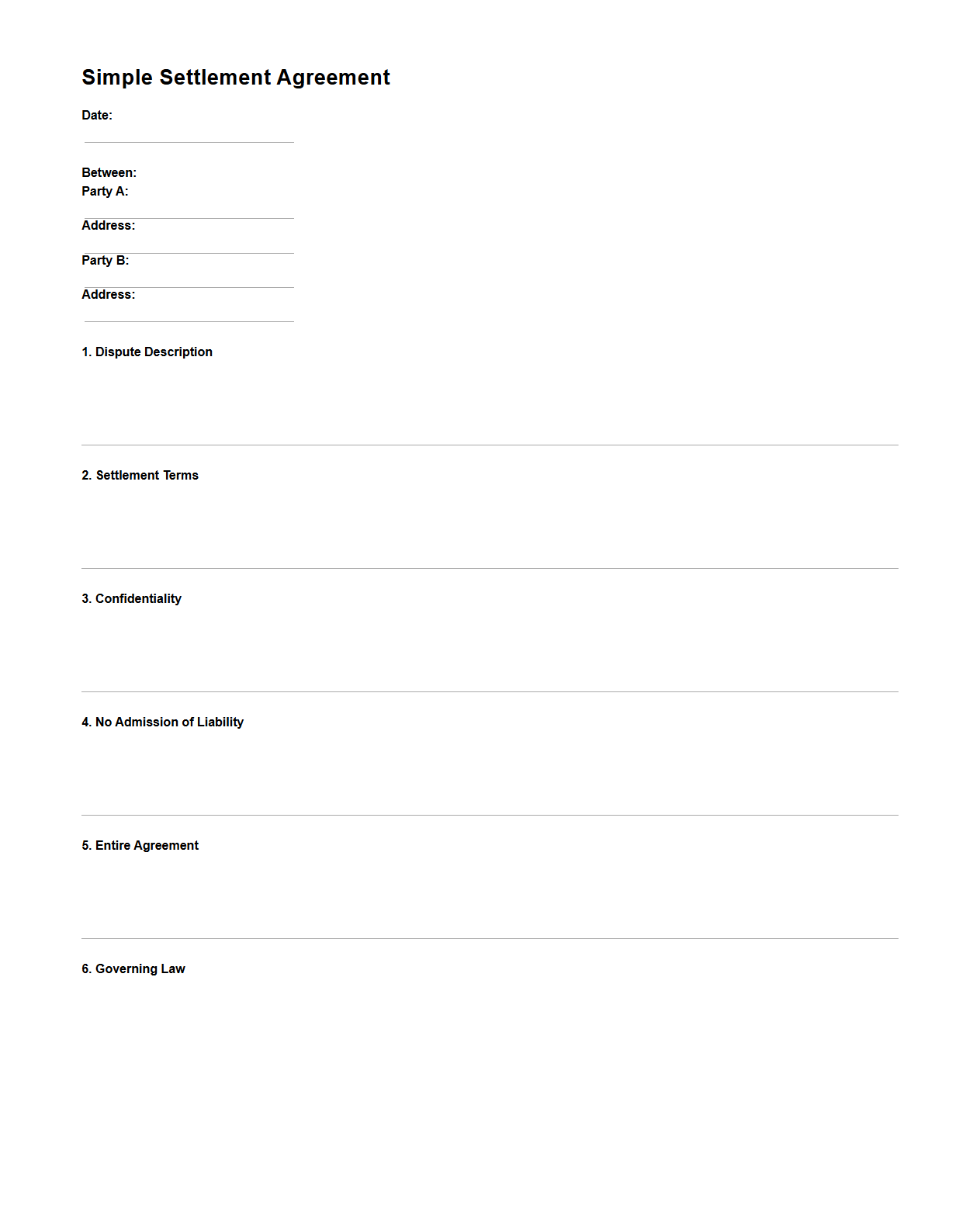 Blank Simple Settlement Agreement Template for Disputes