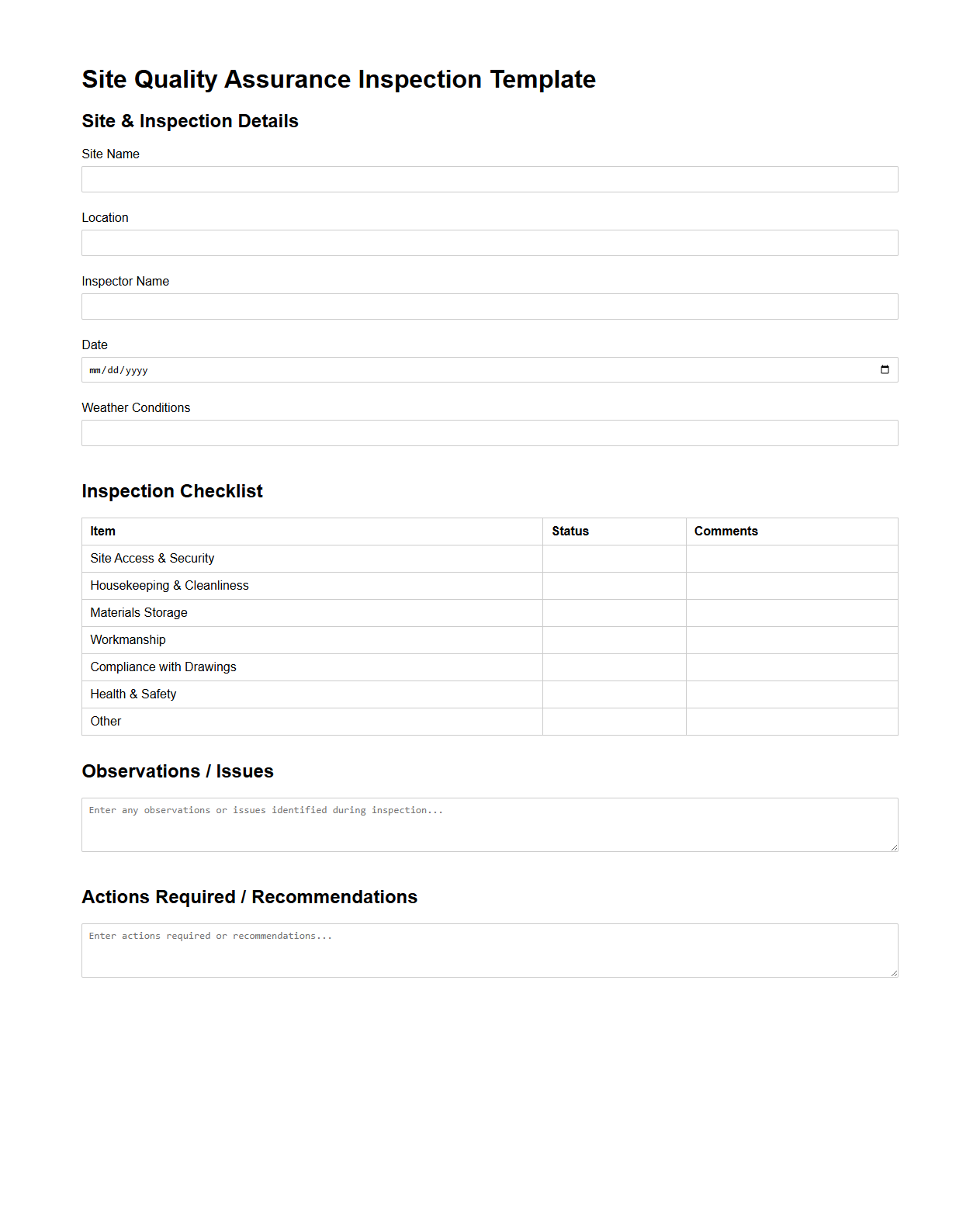 Blank Site Quality Assurance Inspection Template