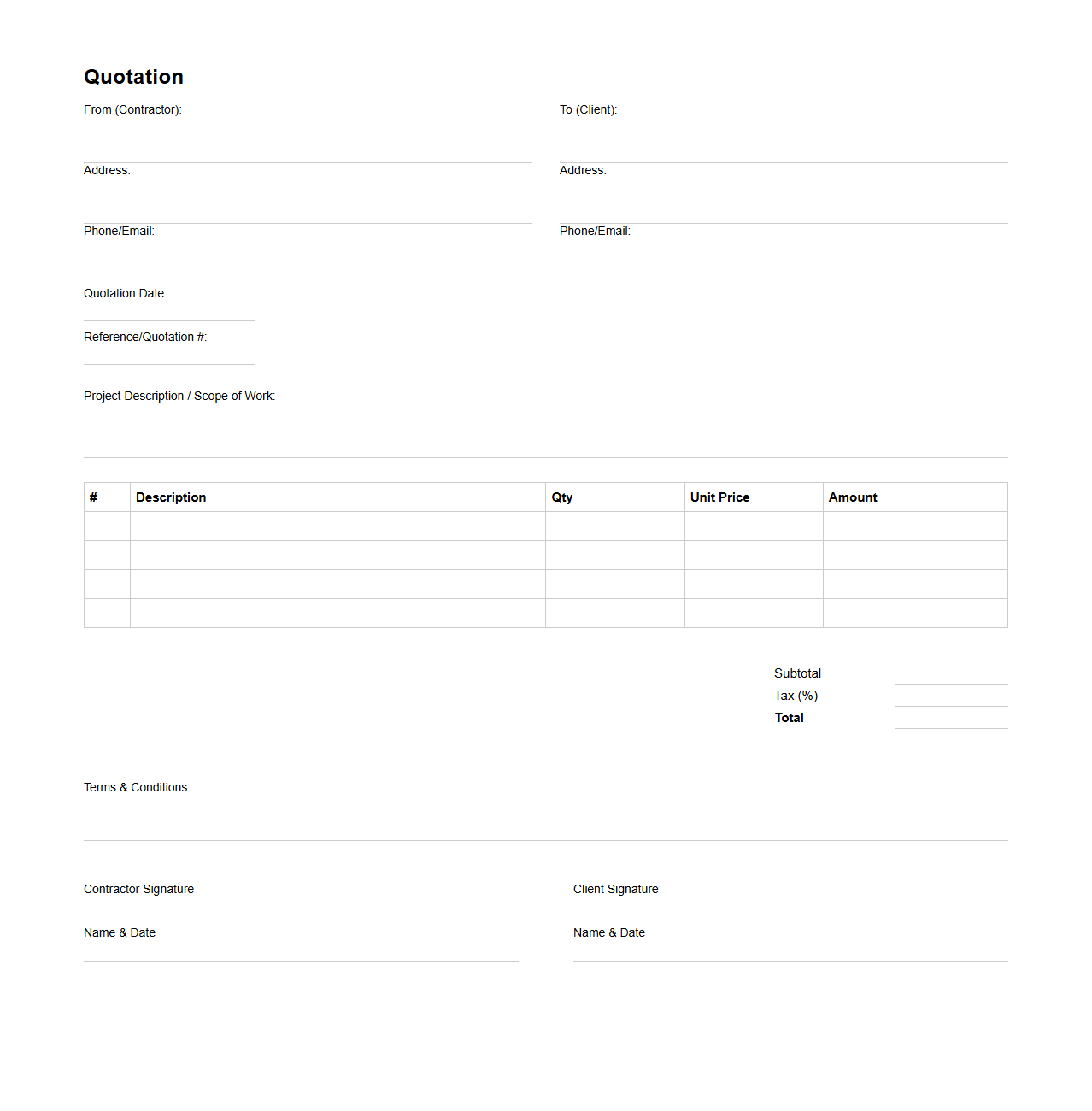 Blank Small Building Contractor Quotation Template