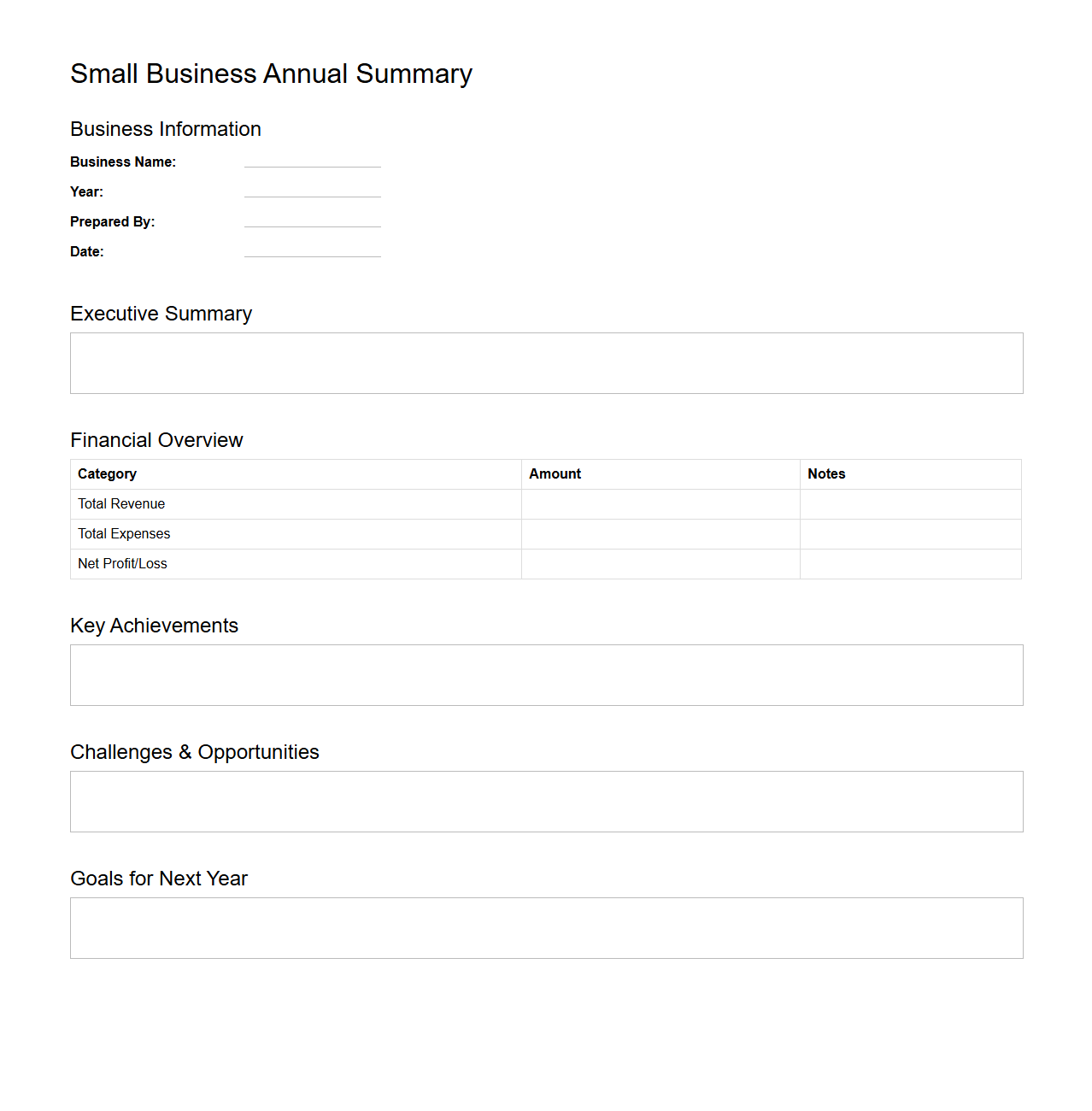 Blank Small Business Annual Summary Template