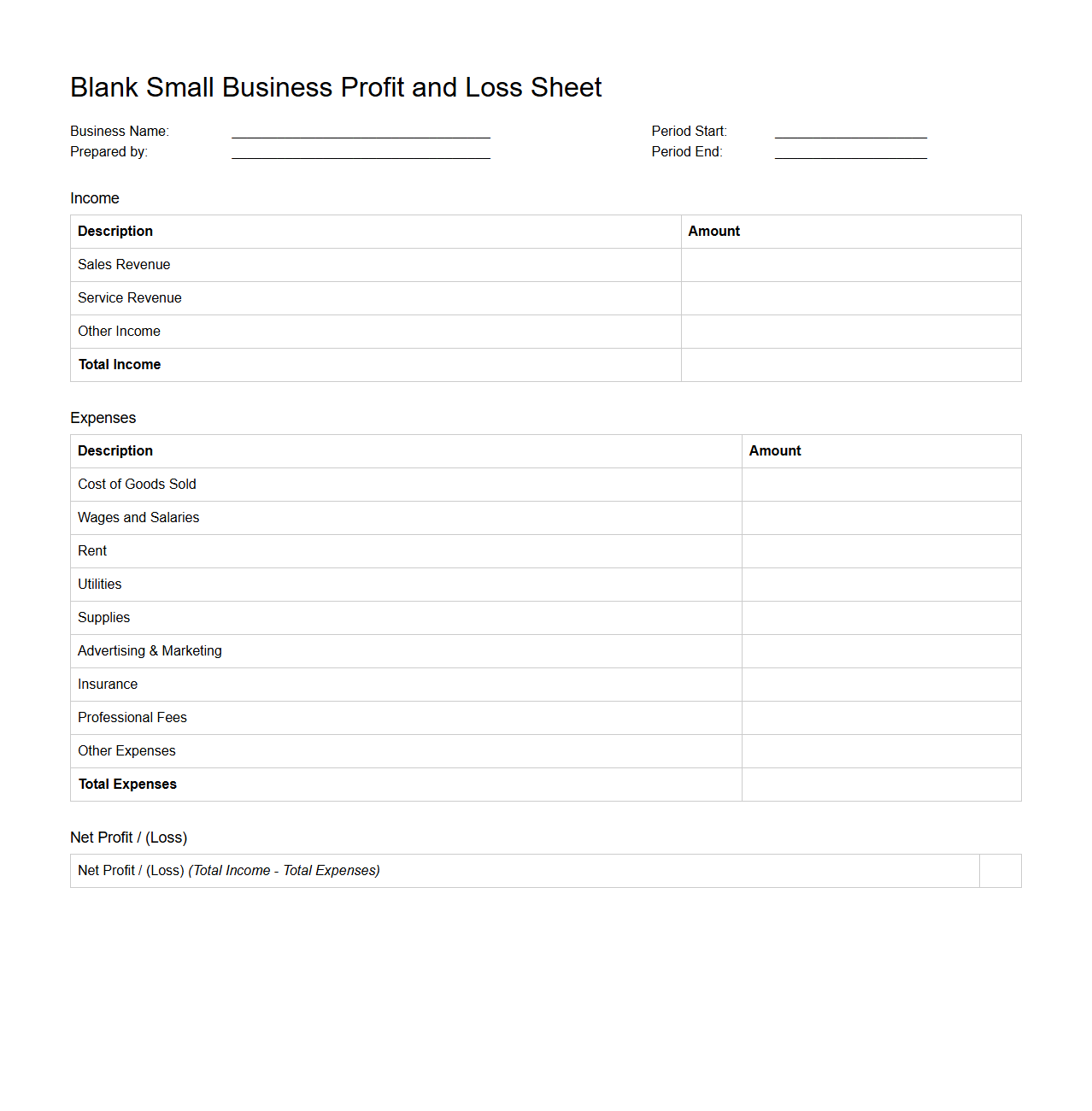 Blank Small Business Profit and Loss Sheet