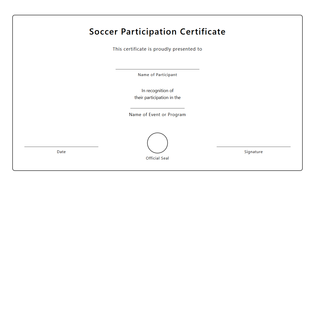 Blank Soccer Participation Certificate Template