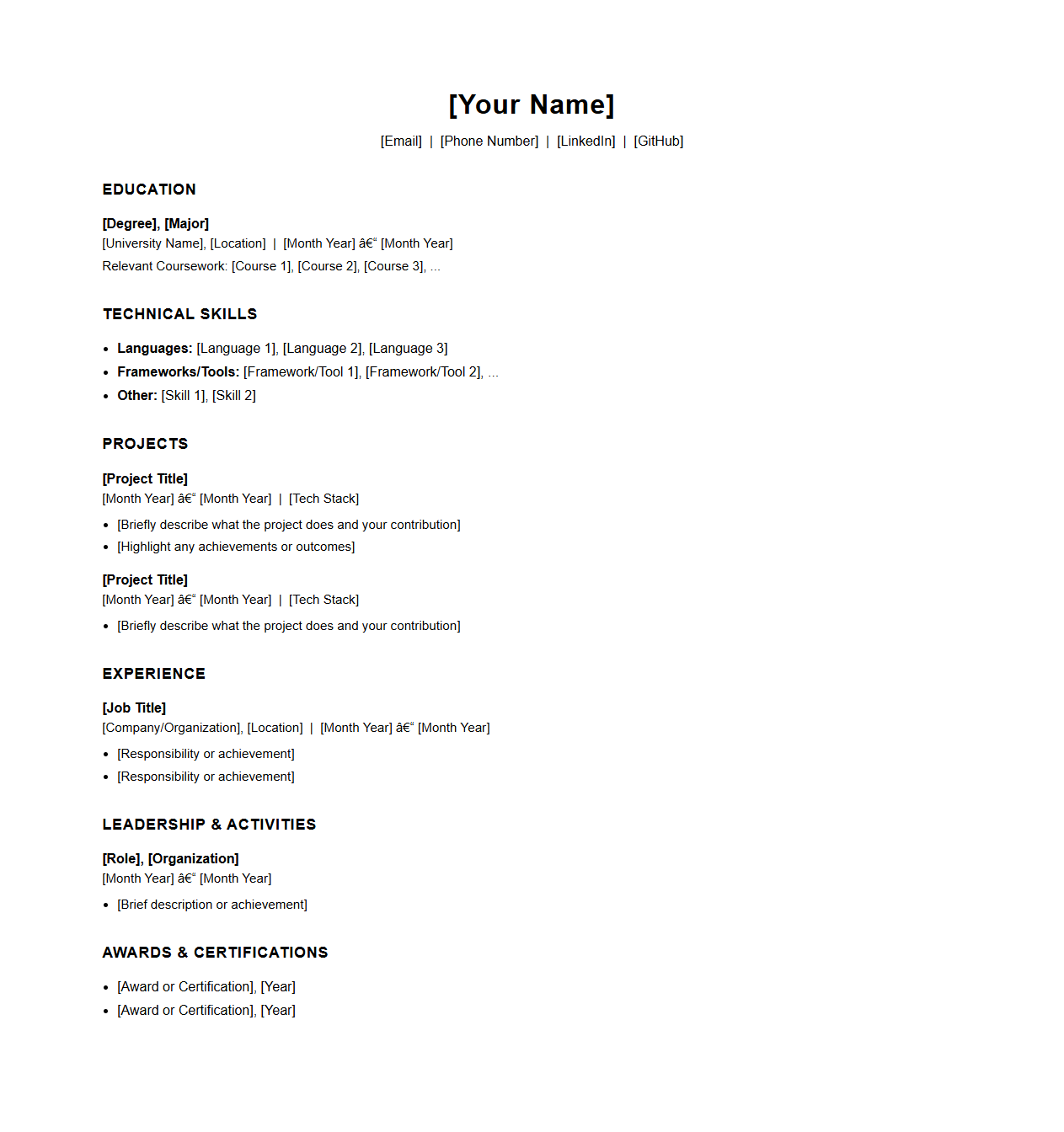 Blank Software Engineering Resume Layout for Computer Science Graduates