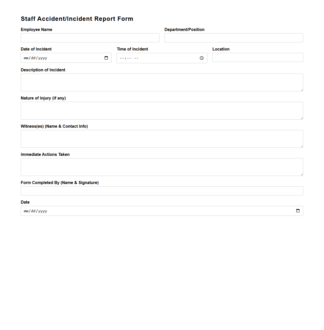 Blank Staff Accident Incident Report Form