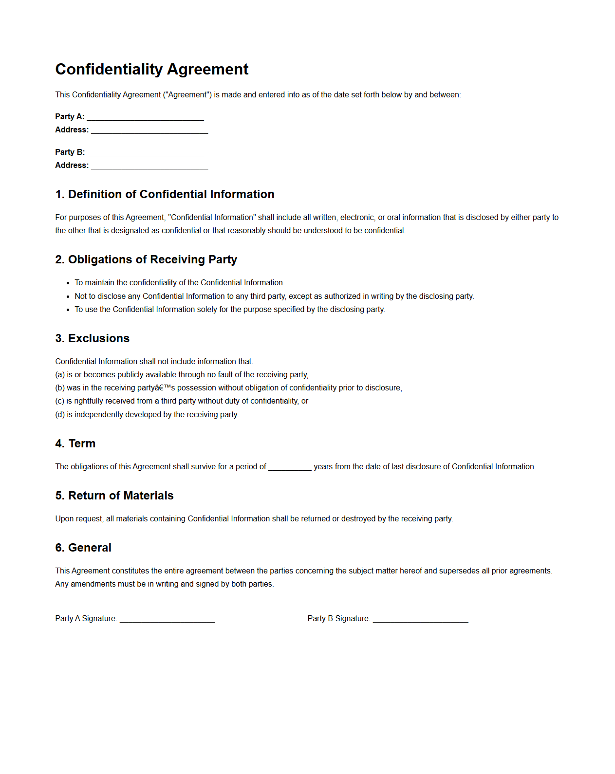 Blank Standard Confidentiality Agreement Template for Parties