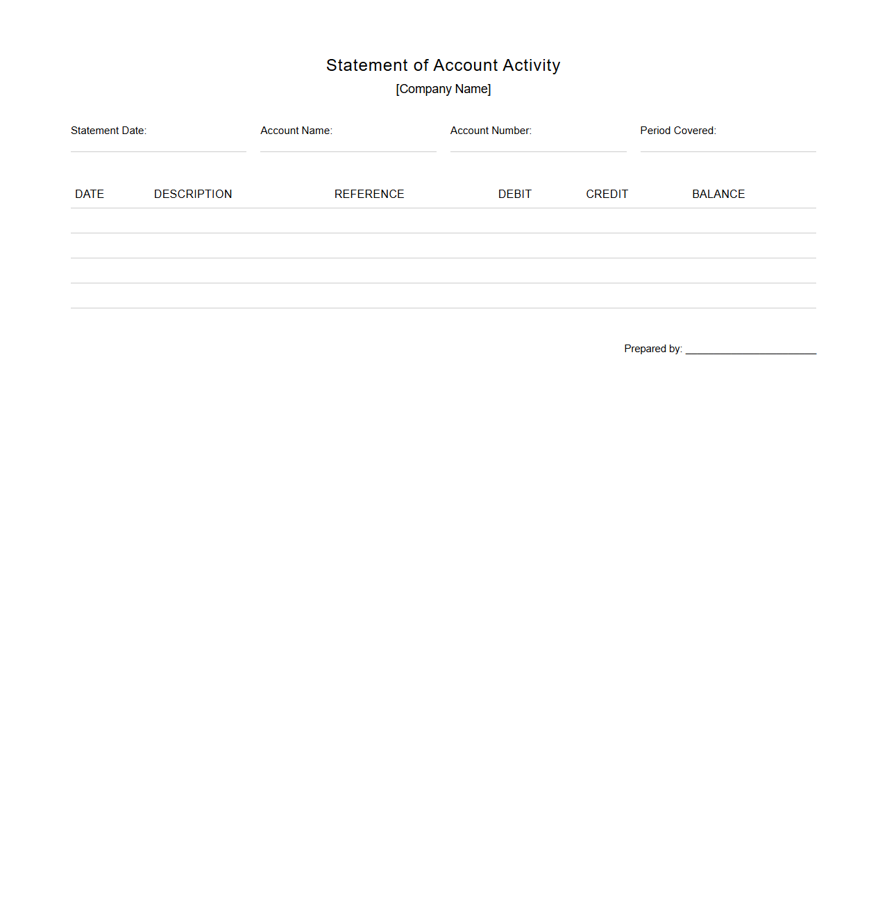 Blank Statement of Account Activity Template