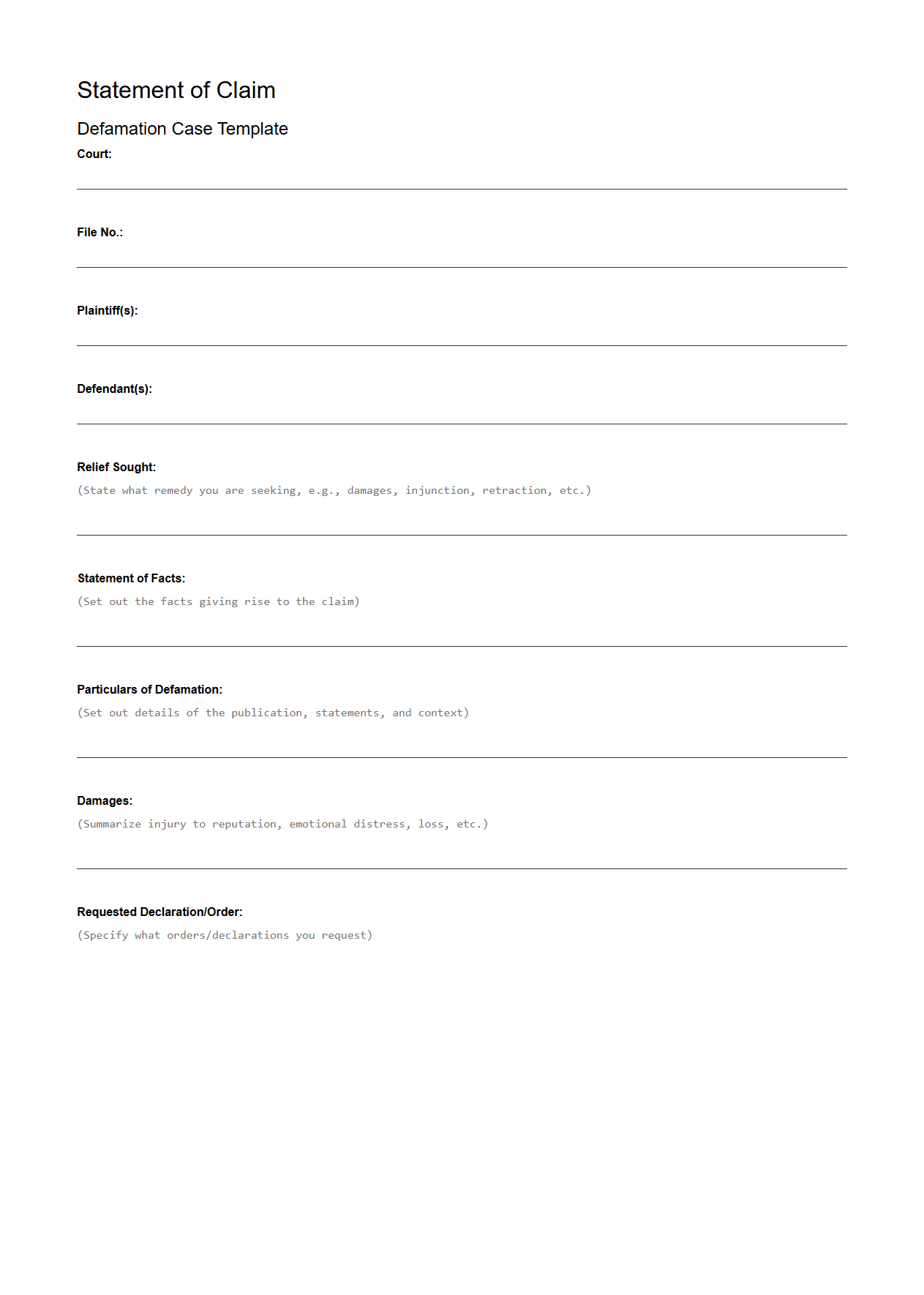 Blank Statement of Claim for Defamation Case Template