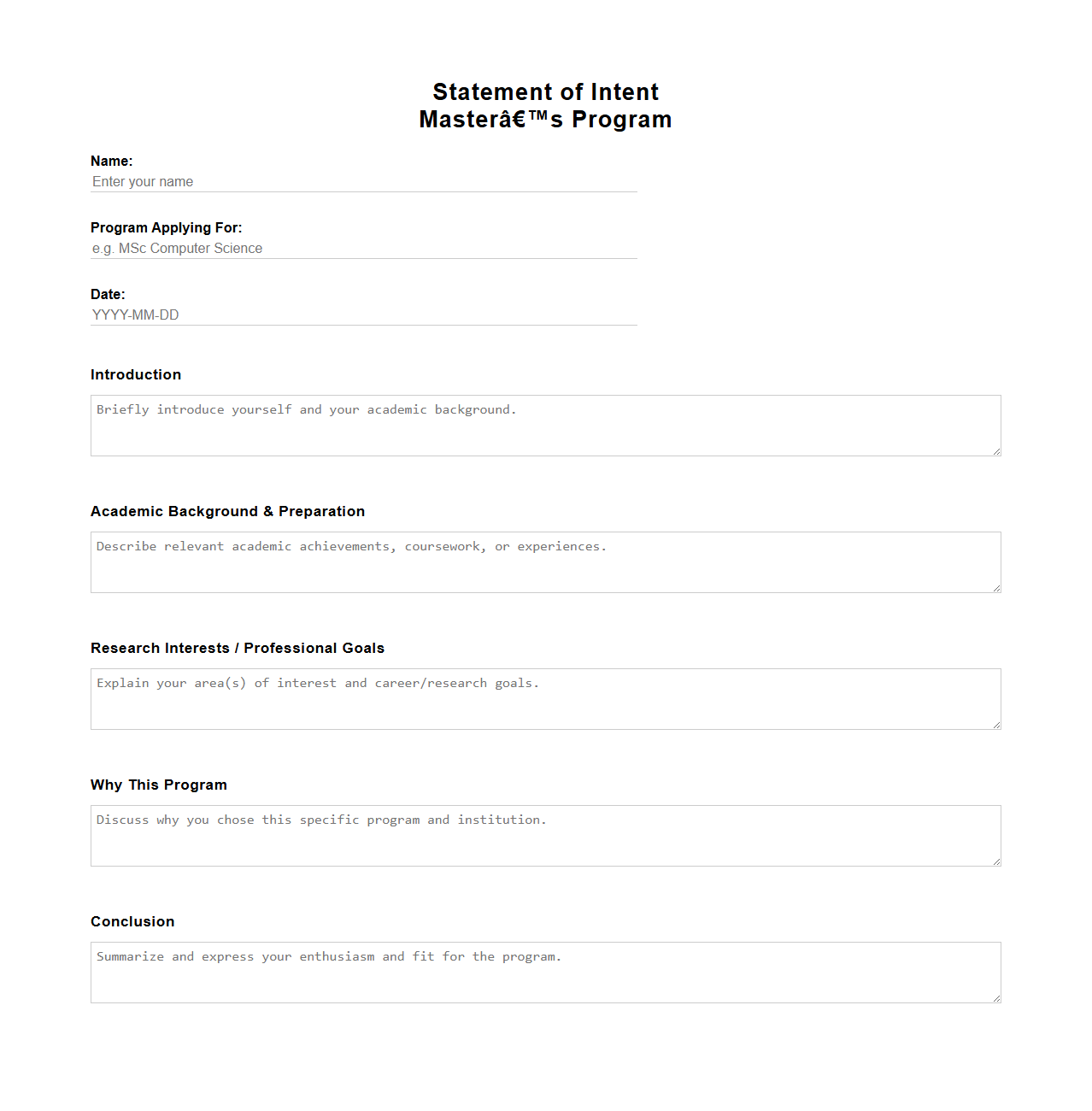 Blank Statement of Intent Format for Masters Programs