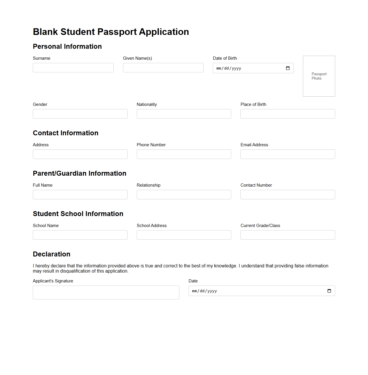 Blank Student Passport Application Template