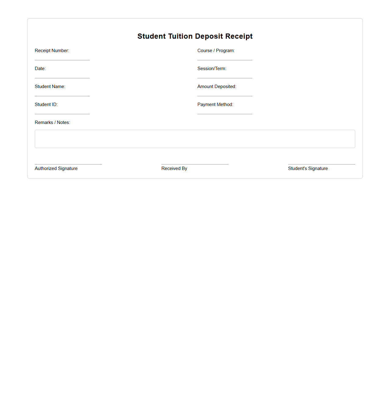 Blank Student Tuition Deposit Receipt Format