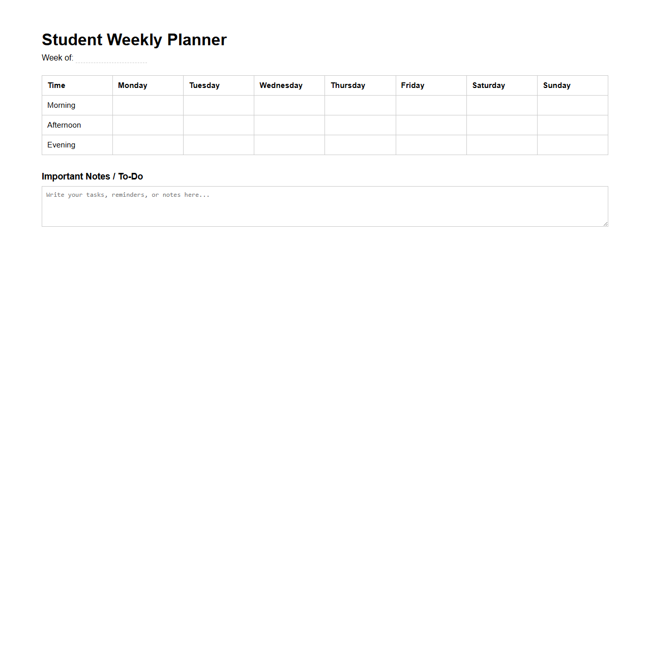 Blank Student Weekly Planner Template