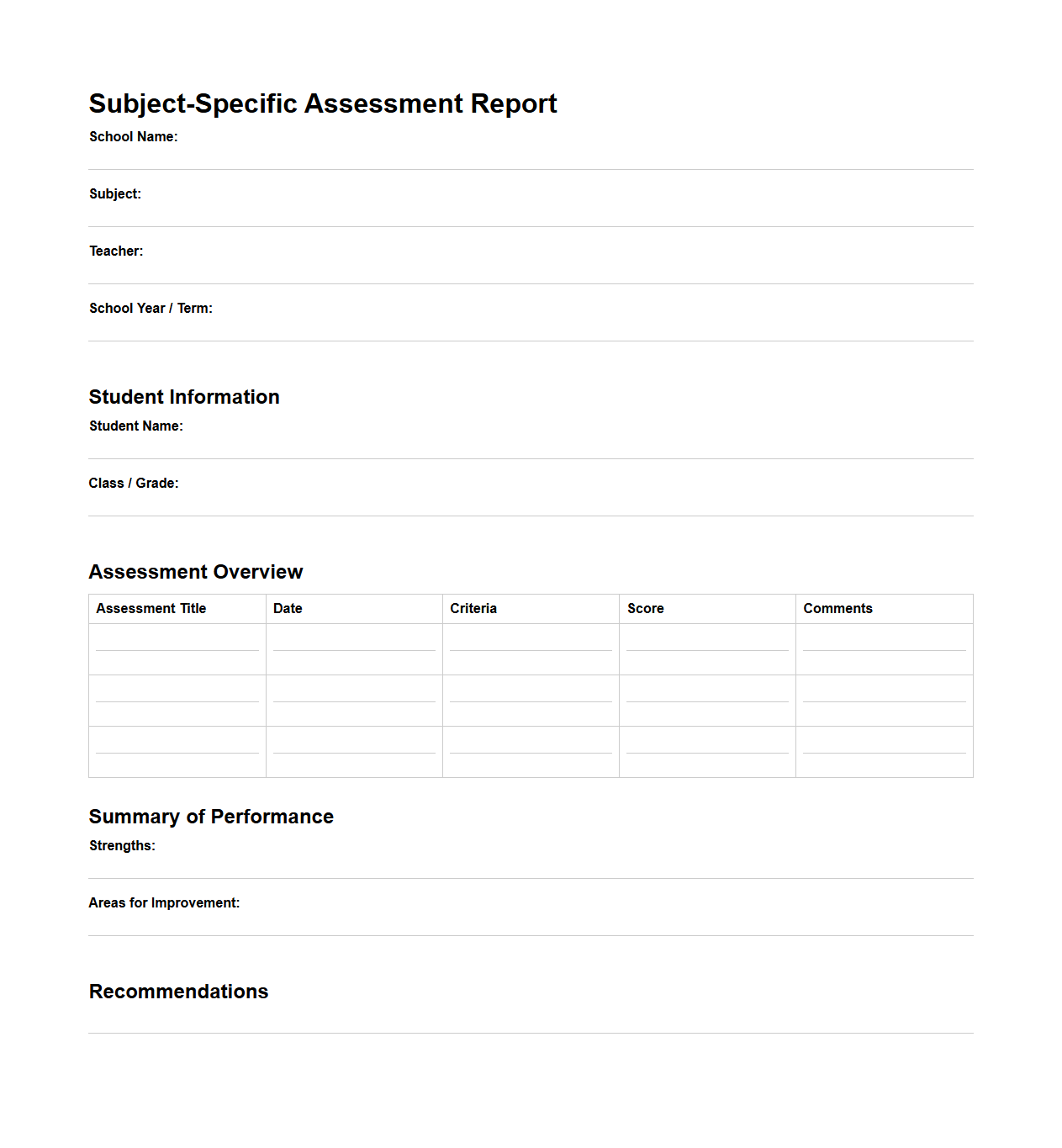 Blank Subject-Specific Assessment Report Template for Schools