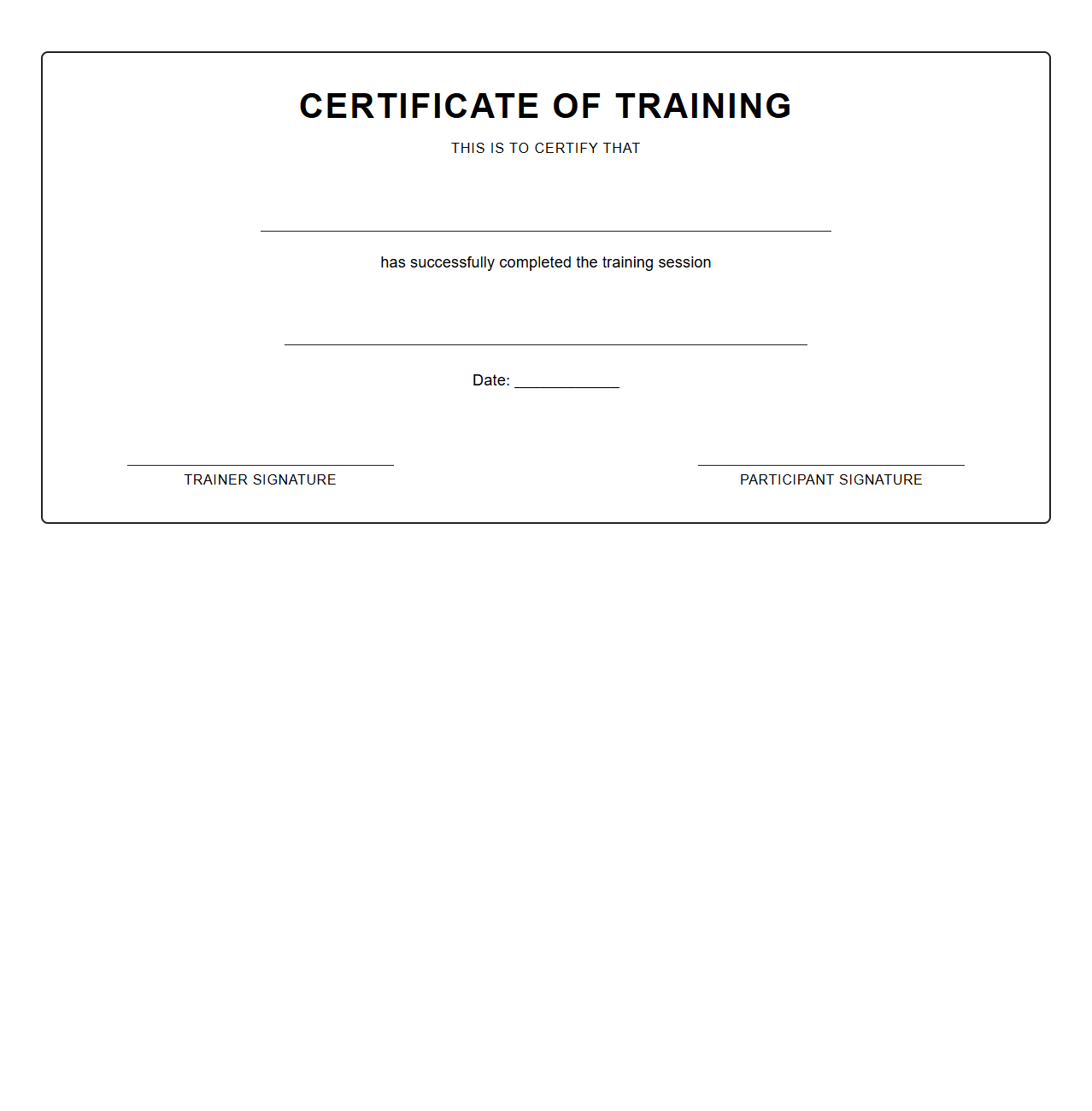Blank Training Session Certificate Template