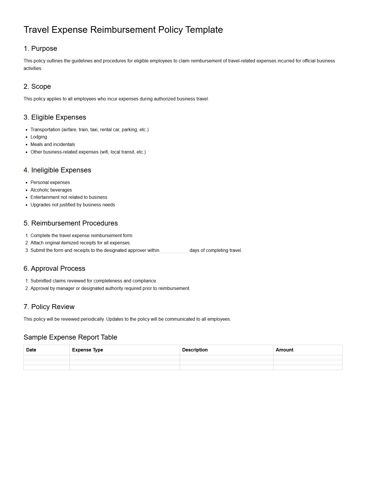 Blank Travel Expense Reimbursement Policy Template