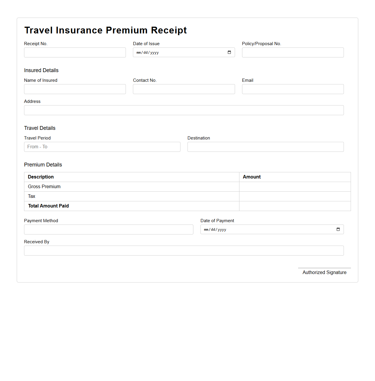 Blank Travel Insurance Premium Receipt Template