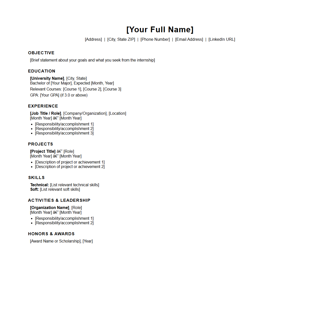 Blank Undergraduate Resume Format for Internship Applications