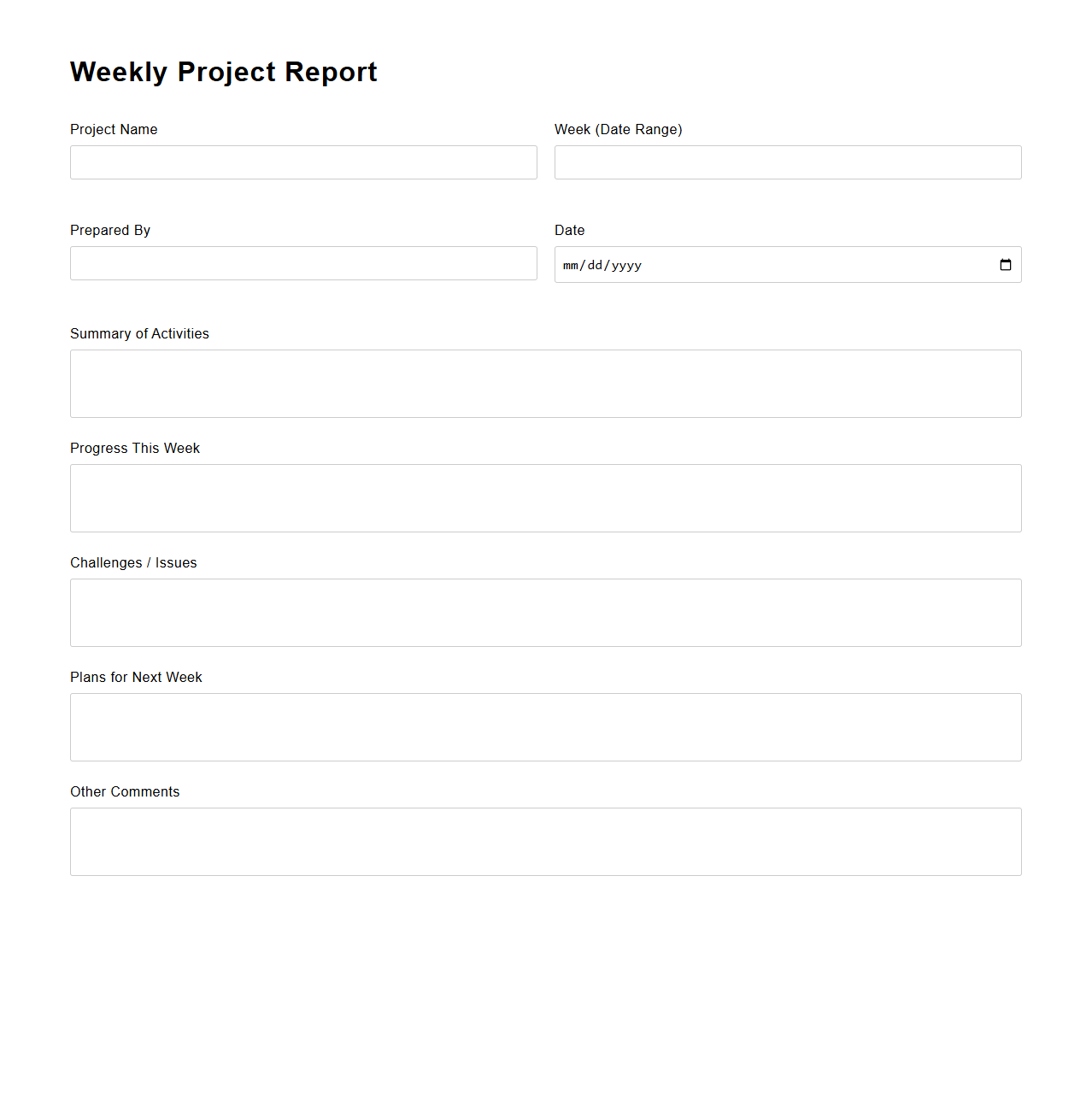 Blank Weekly Project Report Template