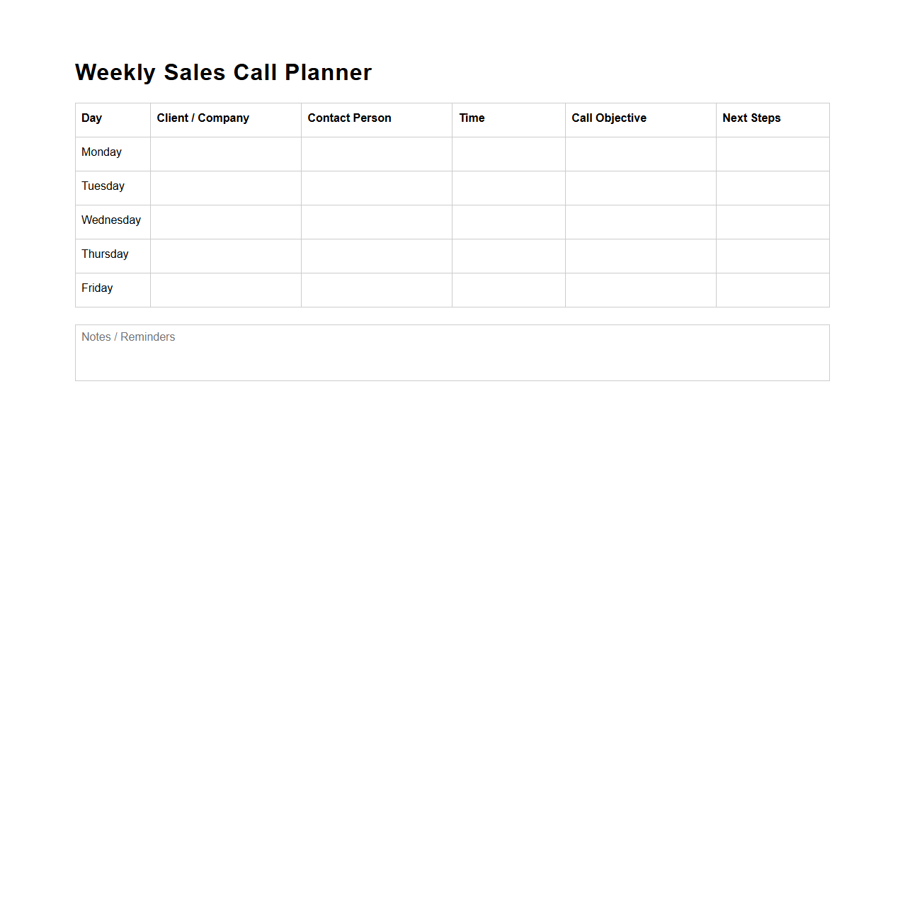 Blank Weekly Sales Call Planner Template