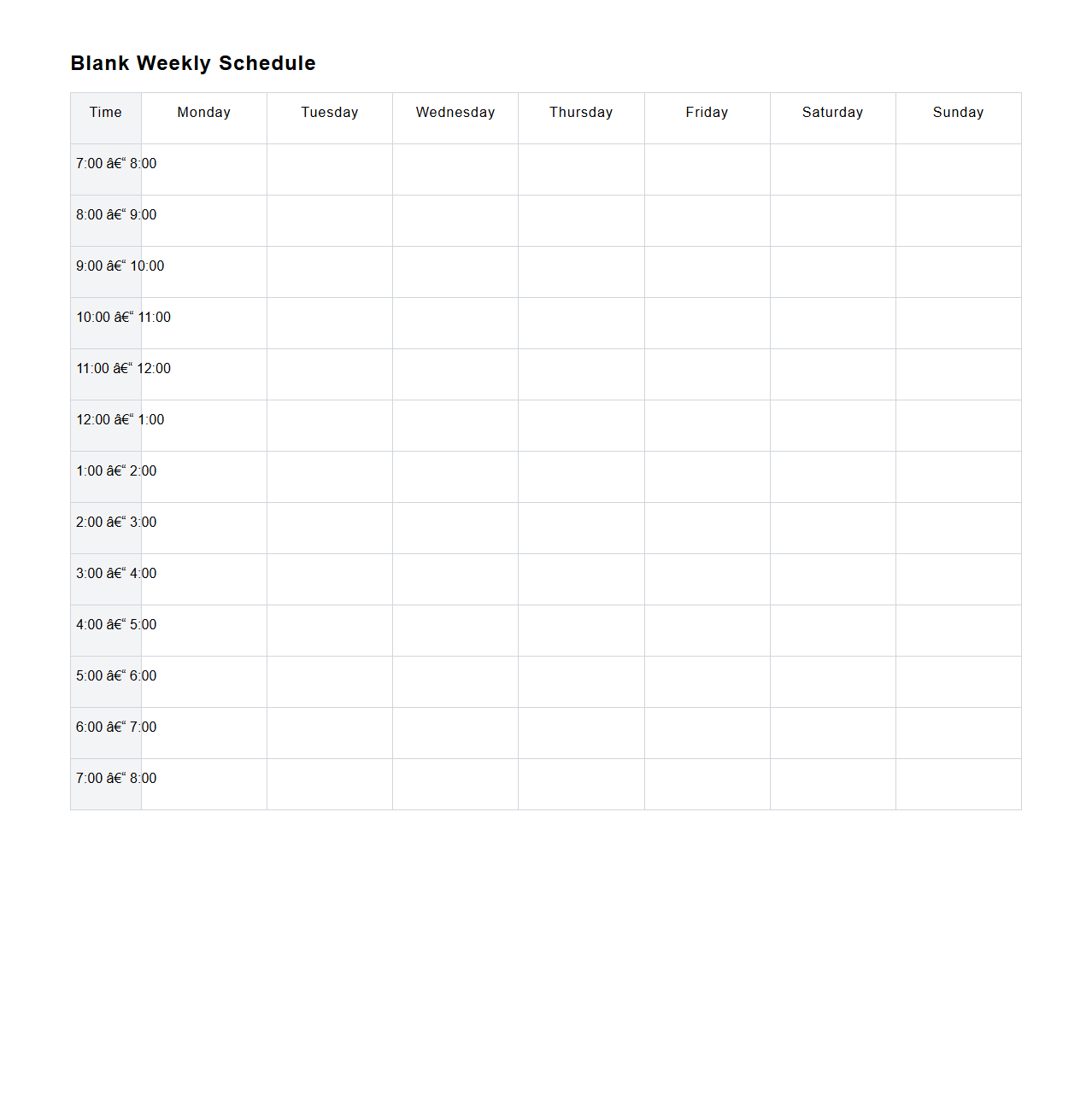 Blank Weekly Schedule Template for Personal Planning