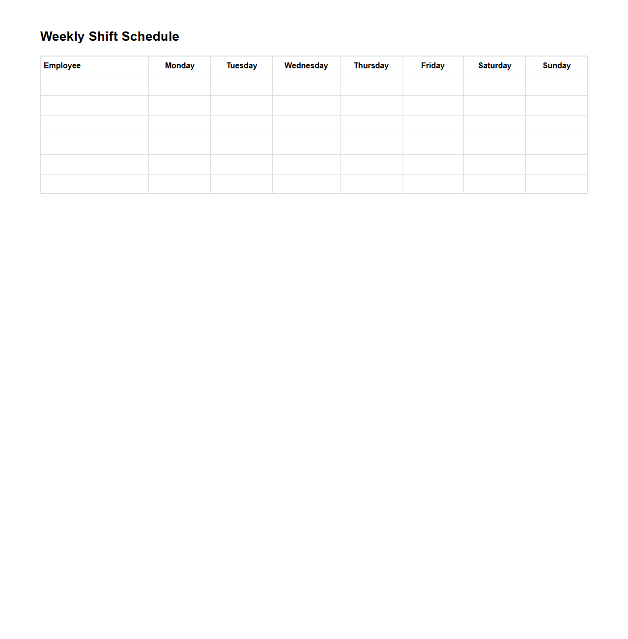 Blank Weekly Shift Schedule Template for Employee Roster