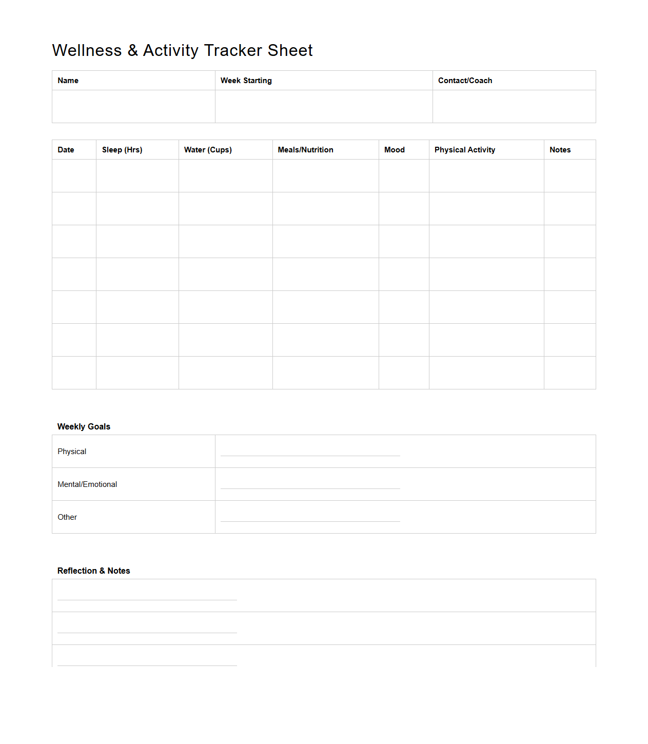 Blank Wellness and Activity Tracker Sheet