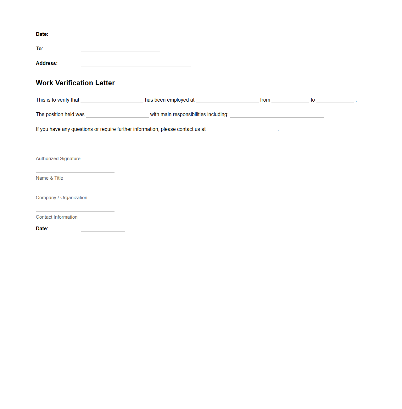 Blank Work Verification Letter Framework