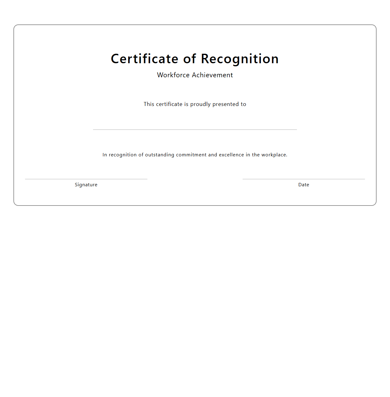 Blank Workforce Recognition Certificate Design