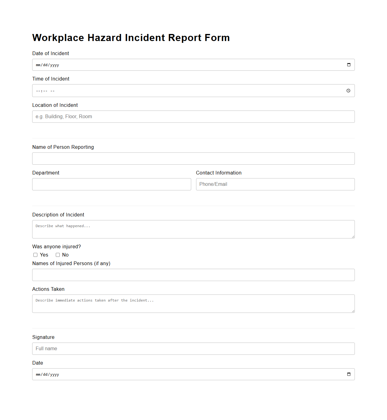 Blank Workplace Hazard Incident Report Form