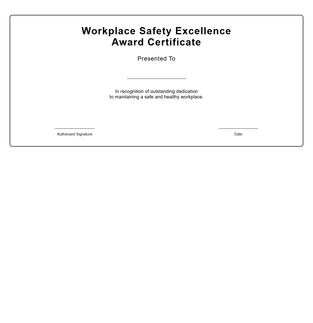 Blank Workplace Safety Excellence Award Certificate