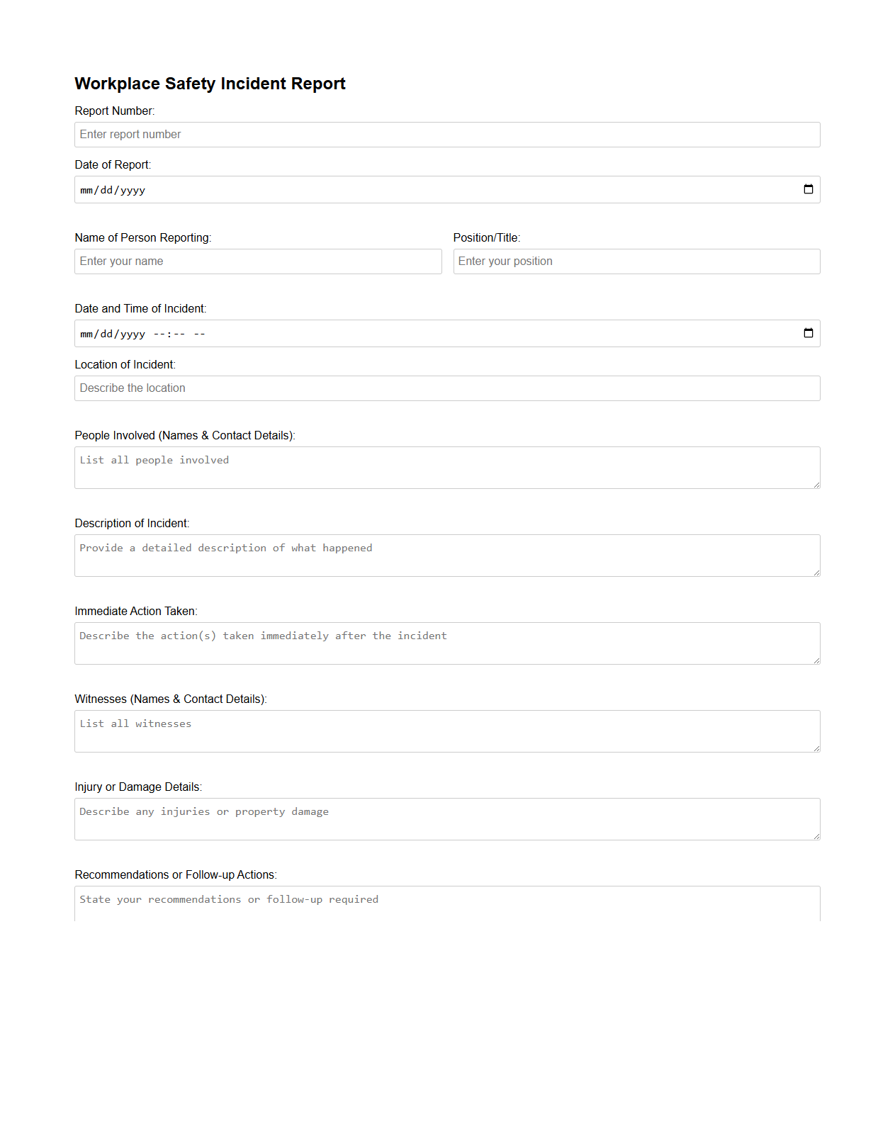 Blank Workplace Safety Incident Report Format