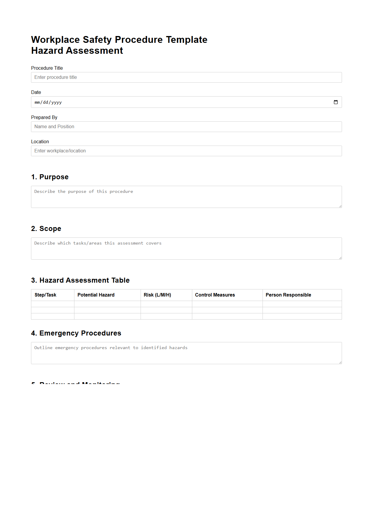 Blank Workplace Safety Procedure Template for Hazard Assessment