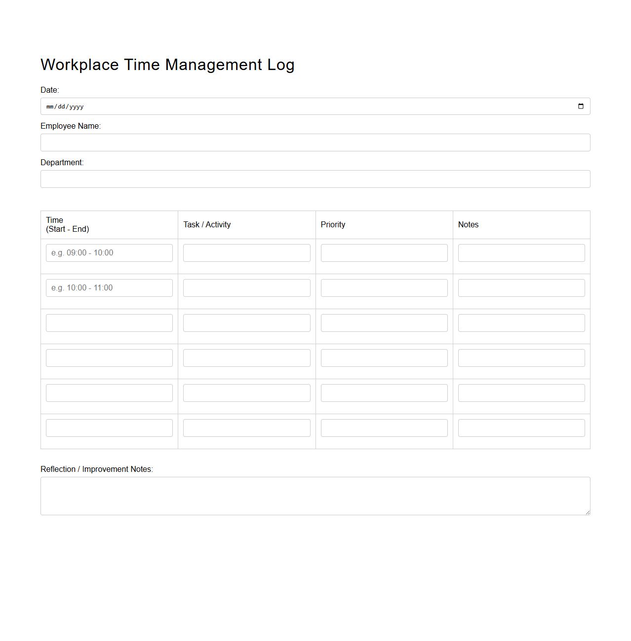 Blank Workplace Time Management Log