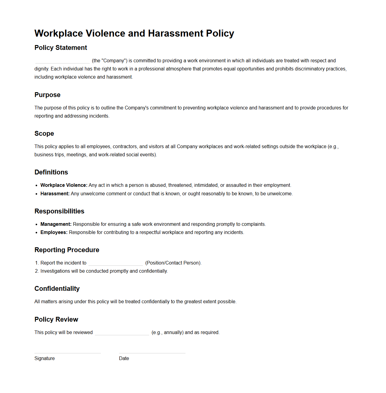 Blank Workplace Violence and Harassment Policy Template