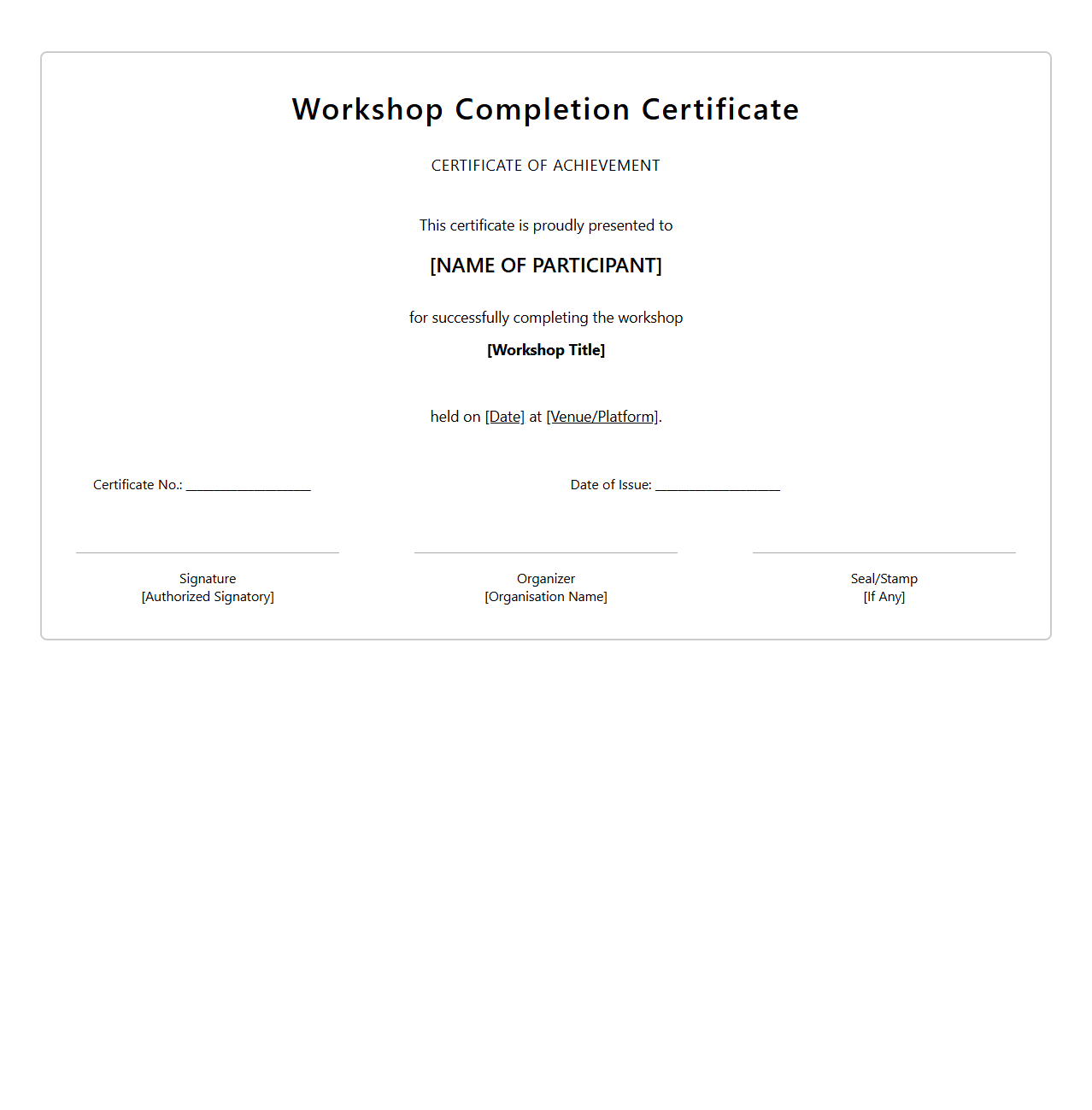 Blank Workshop Completion Certificate Format